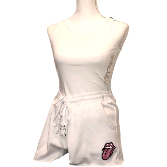 Lace Up Sweatshorts W/ Pink Rolling Stones Logo Patch - Picture 3 of 5